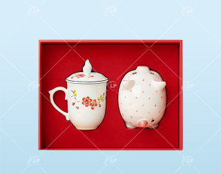 Giftset bộ ly sứ và heo đất gốm sứ Bát Tràng  - LPGSL12